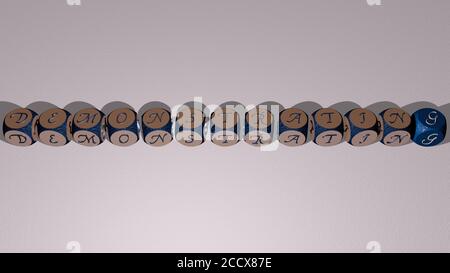 Kreuzworträtsel des Demonstrierens angeordnet durch kubische Buchstaben auf einem Spiegelboden, Konzept Bedeutung und Präsentation, 3D-Illustration Stockfoto