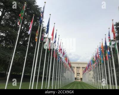 GENF, SCHWEIZ -7 Juli 2019- Schild am Eingang des Hauptquartiers der Vereinten Nationen (UN) in Genf, Schweiz. Stockfoto