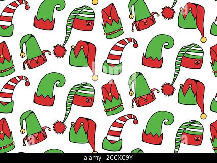Nahtlose Textur mit Cartoon Elf Hüte. Vektorhintergrund für Geschenkpapier, Hintergründe, Stoffe und Ihre Kreativität Stock Vektor