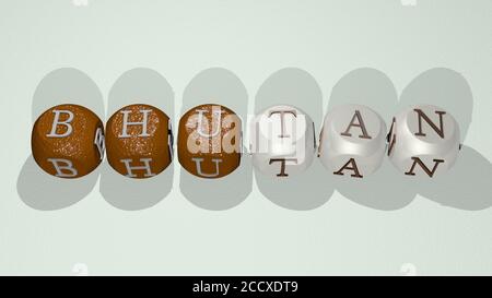 Kreuzworträtsel von BHUTAN angeordnet durch kubische Buchstaben auf einem Spiegelboden, Konzept Bedeutung und Präsentation, 3D-Illustration Stockfoto