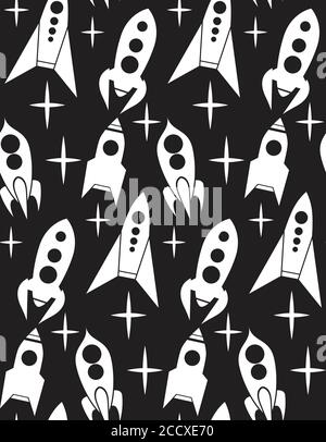Nahtloses Muster mit Raumfahrzeugen und Sternen. Silhouetten von Raumschiffen. Vektor-Textur für Ihr Design Stock Vektor