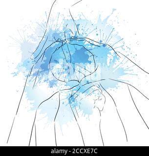 Konturdarstellung menschlicher Hände, Zeichen des Friedens und Aquarellspritzer. Geste. Einheit. Vektorgrafik für Ihre Kreativität Stock Vektor