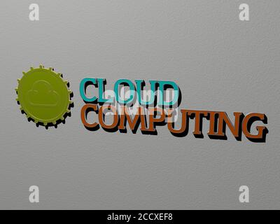 3D-Darstellung von CLOUD COMPUTING mit Icon an der Wand und Text angeordnet durch metallische kubische Buchstaben auf einem Spiegelboden für Konzept Bedeutung und Diashow-Präsentation, 3D-Illustration Stockfoto