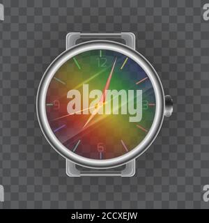 Realistische Darstellung einer Armbanduhr. Regenbogen transparentes Ziffernblatt. Vektorelement für Ihr Design Stock Vektor