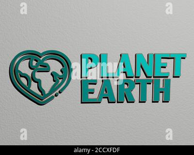 PLANET ERDE Symbol und Text an der Wand, 3D-Illustration Stockfoto