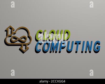 3D-Darstellung von Cloud Computing mit Icon an der Wand und Text angeordnet durch metallische kubische Buchstaben auf einem Spiegelboden für Konzept Bedeutung und Diashow-Präsentation, 3D-Illustration Stockfoto