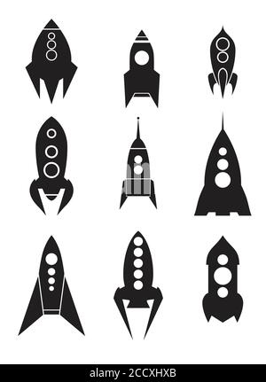 Satz von Raumschiff-Symbolen. Silhouetten von Raumschiffen. Vektorelement für Ihr Design Stock Vektor