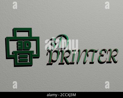 3D-DRUCKER-Symbol und Text an der Wand, 3D-Illustration Stockfoto