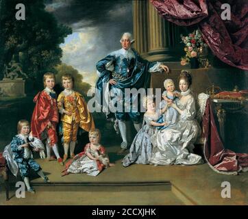 Johan Joseph Zoffany (Frankfurt 1733-London 1810) - George III (1738-1820), Queen Charlotte (1744-1818) und ihre sechs ältesten Kinder Stockfoto