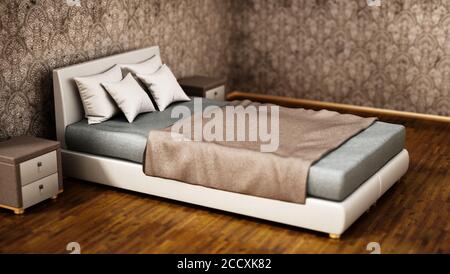 Komfortables, modernes Bett im Schlafzimmer. 3D-Illustration. Stockfoto