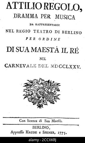 Johann Adolph Hasse - Attilio Regolo - italienische Titelseite des Libretto - Berlin 1775. Stockfoto