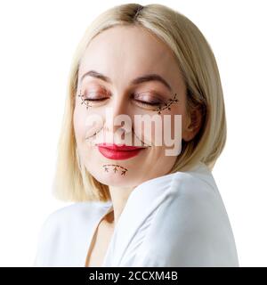 Grafische Linien zeigt Gesichtsstraffung Wirkung auf die Haut der schönen Frau. Stockfoto