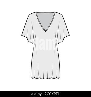 Kaftan Kleid technische Mode-Illustration mit tiefem V-Ausschnitt, Fledermaus Ellenbogen Ärmel, über-die-Knie-Länge, überdimensioniert. Flache Bekleidungsvorlage vorne grau Farbe. Damen Herren Unisex TOP CAD Mockup Stock Vektor