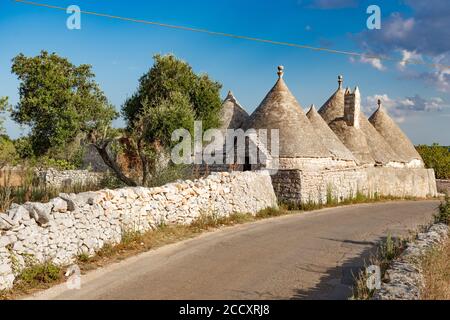 Gruppe von schönen Trulli, traditionelle alte Häuser und alte Steinmauer in Apulien, Italien, mit Olivenbäumen Stockfoto