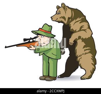 Hunter wird von der Bärendarstellung überrascht Stock Vektor
