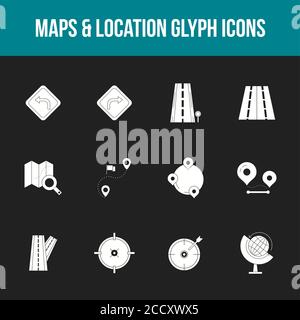 Einzigartige Karten & Standort Glyph Icon Set Stock Vektor