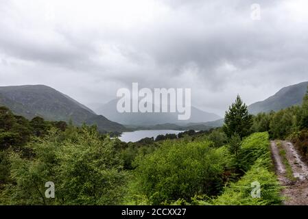 Glen Affric Pfad an einem regnerischen Tag, Schottland Stockfoto