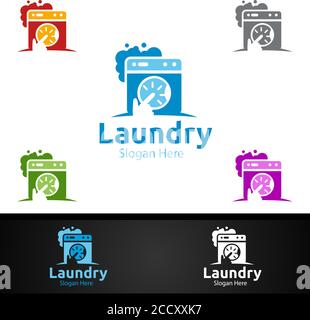 Laundry Dry Cleaners Logo mit Kleidung, Wasser und Waschen Konzept Design Stock Vektor