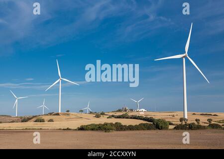 Windturbinen auf Feldern, Medina Sidonia, Provinz Cadiz, Spanien Stockfoto