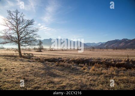Blick über Murnauer Moos, hinter Wettersteinkette, Murnau am Staffelsee, Bayern, Deutschland Stockfoto