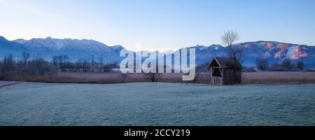 Blick über Murnauer Moos im Winter, hinter Wettersteingebirge mit Zugspitze, Murnau am Staffelsee, Bayern, Deutschland Stockfoto