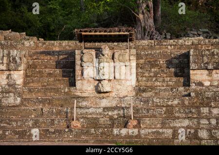 Skulptur von Jaguar Sun God, Osthof der Akropolis, Copan Archeological Park, Honduras Stockfoto