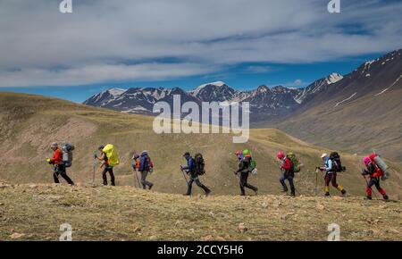 Trekking in den Kharkhiraa Bergen. Provinz Uvs, Mongolei Stockfoto