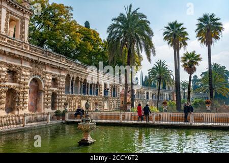 Mercurio Teich, Jardines del Alcazar, Gärten mit Palmen im Alcazar, Königlicher Palast von Sevilla, Sevilla, Spanien Stockfoto