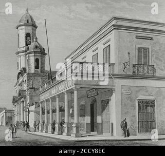 Insel Kuba. Cienfuegos. Pfarrkirche, neu auf Kosten der Gemeindemitglieder gebaut. Neben ihm das Gebäude, in dem sich das Büro der 'Banco Español de la Isla de Cuba' (Spanische Bank der Insel Kuba) befindet. Diese Bank war ein Kreditinstitut, das 1881 unter spanischer Herrschaft gegründet wurde und die frühere Banco Español de La Habana, die 1856 gegründet wurde, abfolgte. Gravur. La Ilustracion Española y Americana, 1881. Stockfoto