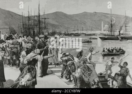 Die Spanier in der Region Oran. Während des zweiten Drittels des 19. Jahrhunderts gingen viele Spanier als Bauern, um ihr Glück in Nordalgerien zu machen. Am 11. Juni 1881 griffen die Männer des Marabout Mohamed el-Arbi, bekannt als BU-Amena, Bauern an, die in den Oranien-Agrarfeldern Halfalia und Frendah bei Saida (Algerien) Espartos sammelten. Es verursachte Panik unter den europäischen Emigranten. Viele von ihnen kehrten in ihre Herkunftsländer zurück. 9,000 Spanier taten dies zwischen dem 11. Und 22. Juni 1881. Hafen von Almeria (Spanien). Ausschiffung von 300 Spaniern, die aus Oran flüchteten und von der st zurückgeführt wurden Stockfoto