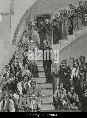 Die Spanier in der Region Oran. Während des zweiten Drittels des 19. Jahrhunderts gingen viele Spanier als Bauern, um ihr Glück in Nordalgerien zu machen. Am 11. Juni 1881 griffen die Männer des Marabout Mohamed el-Arbi, bekannt als BU-Amena, Bauern an, die in den Oranien-Agrarfeldern Halfalia und Frendah bei Saida (Algerien) Espartos sammelten. Es verursachte Panik unter den europäischen Emigranten. Viele von ihnen kehrten in ihre Herkunftsländer zurück. 9,000 Spanier taten dies zwischen dem 11. Und 22. Juni 1881. Alicante (Spanien). Verteilung der Hilfe in der Zivilregierung der Provinz an die Flüchtlinge aus O Stockfoto