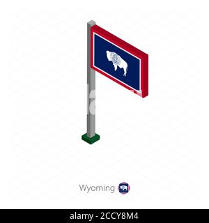 Wyoming US-Staatsflagge auf Fahnenmast in isometrischer Dimension. Isometrischer blauer Hintergrund. Vektorgrafik. Stock Vektor