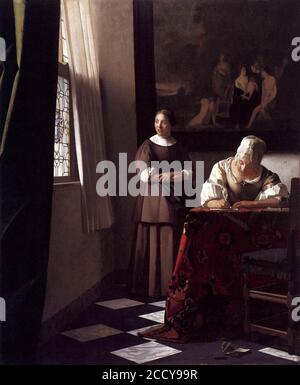 Johannes Vermeer - Dame, die mit ihrer Jungfrau einen Brief schreibt Stockfoto