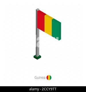 Guinea Flagge auf Fahnenmast in isometrischer Dimension. Isometrischer blauer Hintergrund. Vektorgrafik. Stock Vektor