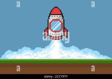 Pixel Art Rakete starten, Vektor-Illustration Stock Vektor