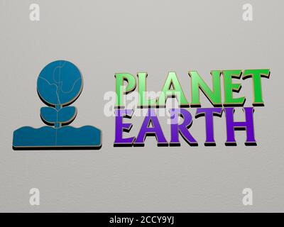 3D-Illustration von PLANET ERDE Grafiken und Text von metallischen Würfel Buchstaben für die damit verbundenen Bedeutungen des Konzepts und Präsentationen, 3D-Illustration gemacht Stockfoto