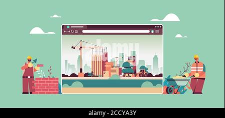 Bauherren im einheitlichen Arbeiten auf der Baustelle digitales Baukonzept Horizontale Vektordarstellung im Web-Browser-Fenster Stock Vektor
