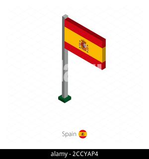 Spanien Flagge auf Fahnenmast in isometrischer Dimension. Isometrischer blauer Hintergrund. Vektorgrafik. Stock Vektor