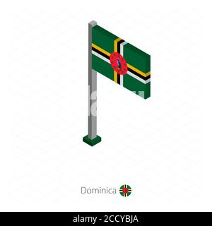 Dominica Flagge auf Fahnenmast in isometrischer Dimension. Isometrischer blauer Hintergrund. Vektorgrafik. Stock Vektor