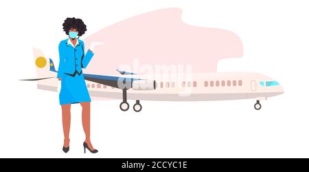 afroamerikanische Stewardess in Uniform trägt Gesichtsmaske zu verhindern Coronavirus Pandemie covid-19 Quarantäne Konzept horizontale volle Länge Vektor-Illustration Stock Vektor