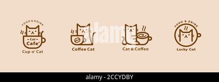 Schöne Katze Café Linie Stil Logo in brauner Farbe gesetzt Stock Vektor