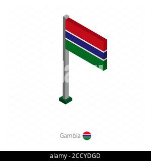 Gambia Flagge auf Fahnenmast in isometrischer Dimension. Isometrischer blauer Hintergrund. Vektorgrafik. Stock Vektor