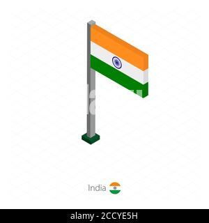 Indien Flagge auf Fahnenmast in isometrischer Dimension. Isometrischer blauer Hintergrund. Vektorgrafik. Stock Vektor