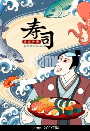 Japanische Sushi-Anzeige im Ukiyo-e-Stil, mit Kabuki-Mann hält Sushi auf Meereswellen-Hintergrund, ÜBERSETZUNG: Sushi, japanische Küche Stock Vektor
