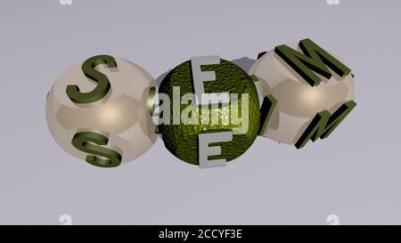 Kreuzworträtsel von SEM, angeordnet durch kubische Buchstaben auf einem Spiegelboden, Begriffsbedeutung und Präsentation, 3D-Illustration Stockfoto