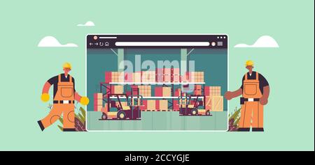 Arbeiter in einheitlicher Nähe des digitalen Lagers mit Gabelstaplern im Netz Browser-Fenster moderne Lagerhaus Innenraum horizontale volle Länge Vektor-Illustration Stock Vektor