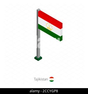 Tadschikistan Flagge auf Fahnenmast in Isometrischer Dimension. Isometrischer blauer Hintergrund. Vektorgrafik. Stock Vektor