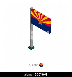 Arizona US-Staatsflagge auf Fahnenmast in isometrischer Dimension. Isometrischer blauer Hintergrund. Vektorgrafik. Stock Vektor