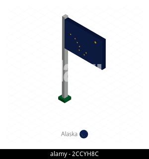 Alaska US-Staatsflagge auf Fahnenmast in isometrischer Dimension. Isometrischer blauer Hintergrund. Vektorgrafik. Stock Vektor