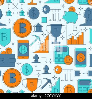 Digital Money Nahtloses Muster in farbiger Linienführung. Alternative Währung Hintergrund mit Bitcoin und virtuelle Münzen Symbole. Vektorgrafik. Stock Vektor